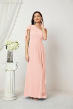 Abito da Sera Formale A-line con Spalla Singola e Balze in Chiffon, Spacco Laterale, per Damigelle, Modello 2809