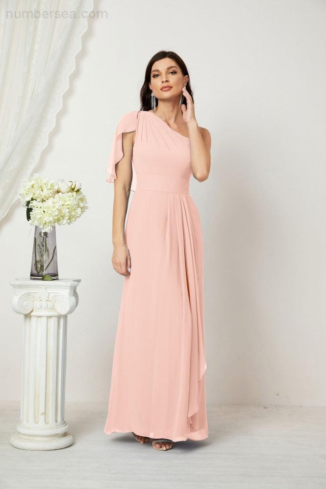 Abito da Sera Formale A-line con Spalla Singola e Balze in Chiffon, Spacco Laterale, per Damigelle, Modello 2809