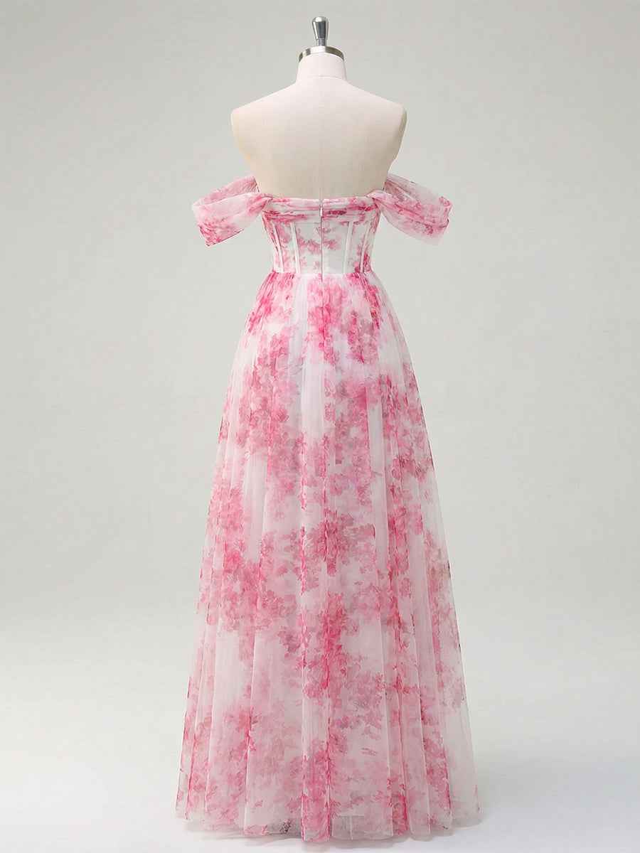 Pink Floral Off The Shoulder Corset A Line Long Prom Dress