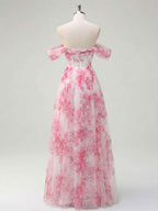 Pink Floral Off The Shoulder Corset A Line Long Prom Dress