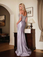 Champagne Satin Mermaid Prom Dress Off The Shoulder Beaded Fringe Bodice