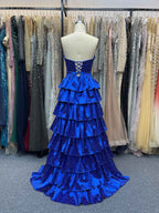 Pink Tiered A Line Strapless Sweetheart Satin Prom Dress With Keyhole