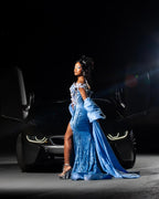 Sky Blue Diamond Beaded Mermaid Gown with White Floral Appliques