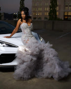 Silver Cloud Crystal Beaded Mermaid Gown Sweetheart Neckline Tulle Train