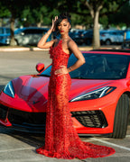 Red Sheer Illusion Beaded Mermaid Prom Dress With 3D Florals
