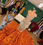 Orange Flame Crystal Beaded Mermaid Prom Dress With Massive 3D Petal Train