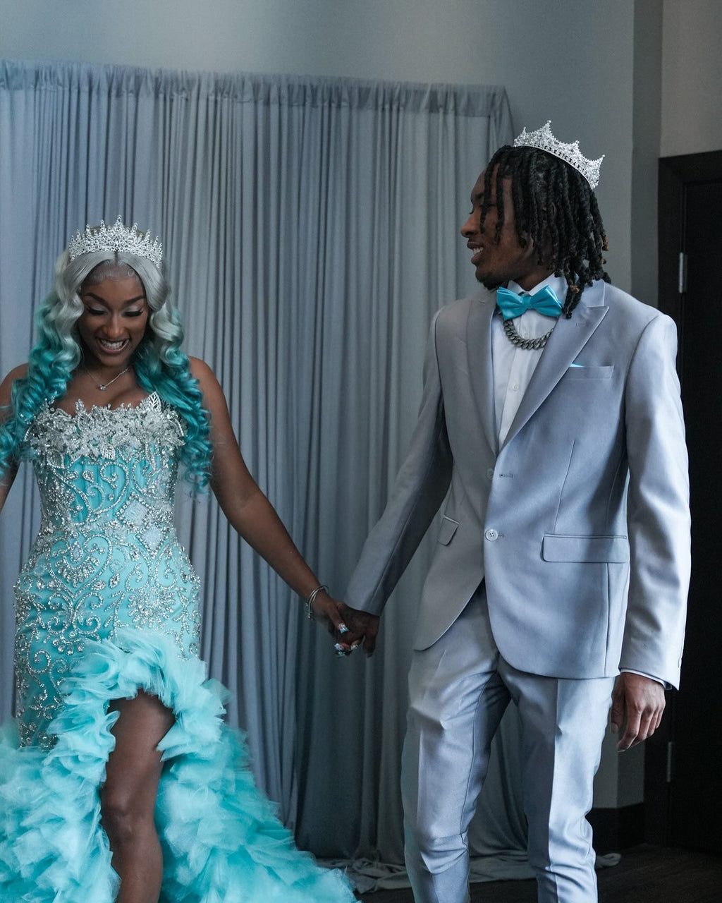 Tiffany Blue Crystal Mermaid Gown With 3D Leaf Bodice And Tiered Prom Dress