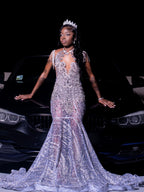 Lavender Mermaid Prom Dress Sheer Sequin Beaded Crystal Fringe Gown