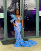 Blue Butterfly Beaded Mermaid Gown With One Shoulder Lace Applique