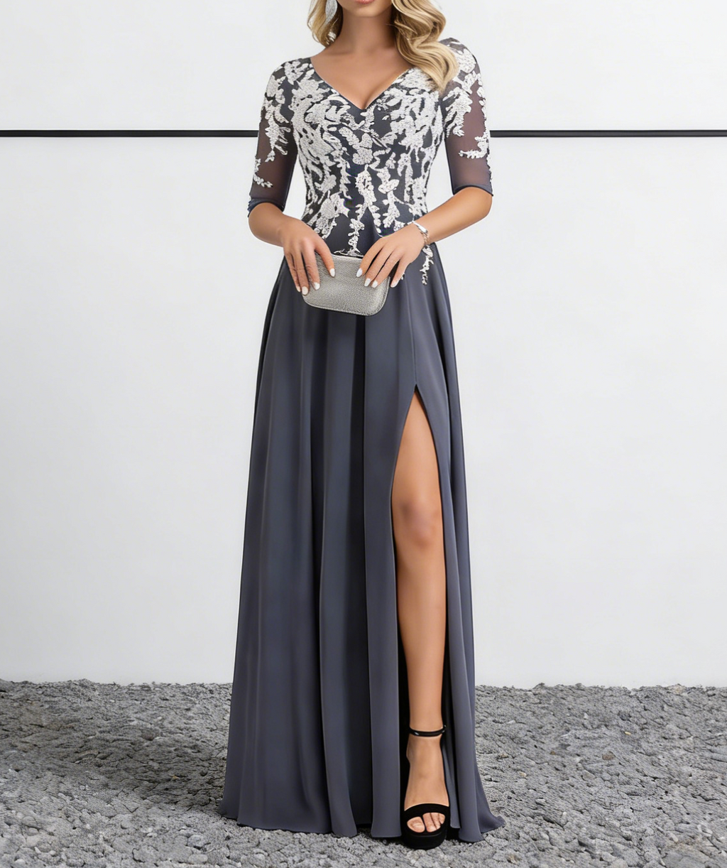 Robe longue en mousseline bleu poussiéreux avec application de dentelle blanche et manches trois-quarts