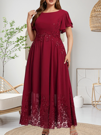 Vestido de gasa con encaje y lentejuelas para madre de la novia, corte A, escote redondo hasta los tobillos
