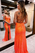 Orange Sequins Sheath Prom Dress With Spaghetti Straps And Criss Cross Back