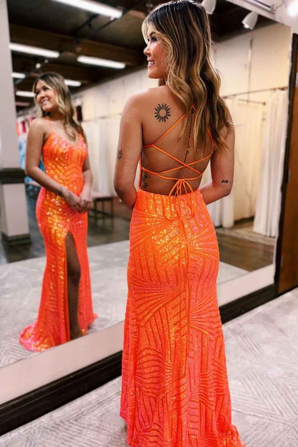 Orange Sequins Sheath Prom Dress With Spaghetti Straps And Criss Cross Back
