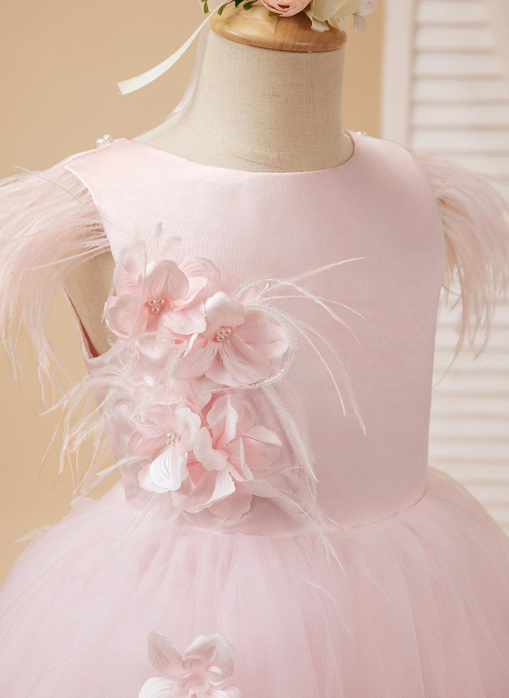 Princess Sleeveless Tulle Flower Girl Dress With Beading And Feather Bow