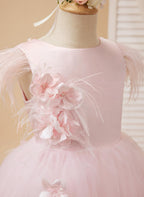 Princess Sleeveless Tulle Flower Girl Dress With Beading And Feather Bow