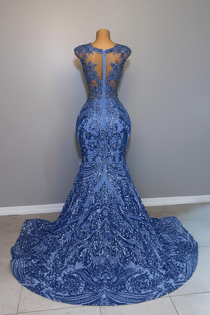 The Ocean Queen Royal Blue Crystal Lace Mermaid Gown Off Shoulder Straps