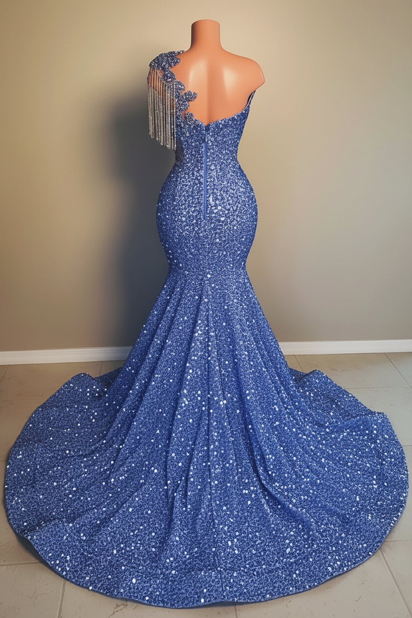 Sapphire Diva Royal Blue Crystal Fringe Mermaid Gown One Shoulder Tassel