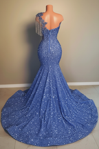 Sapphire Diva Royal Blue Crystal Fringe Mermaid Gown One Shoulder Tassel