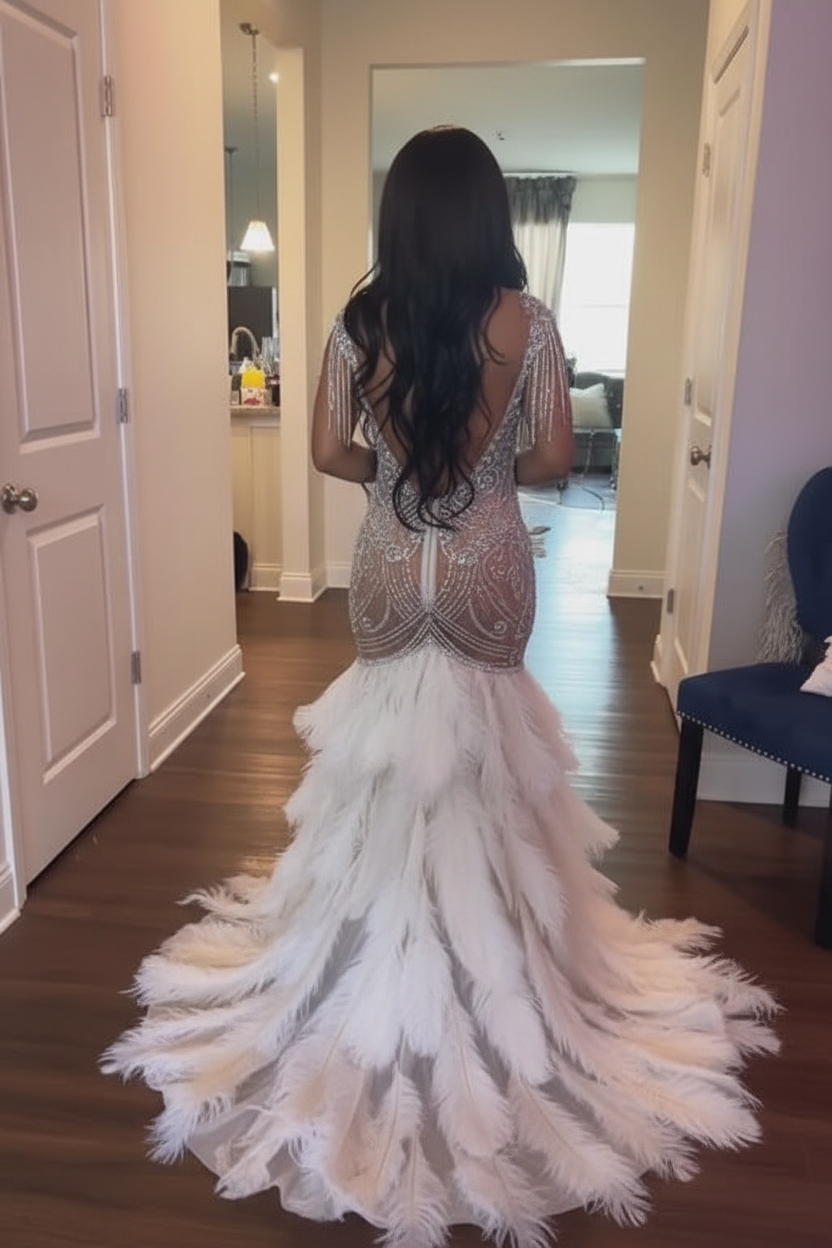 Silver Swan Mermaid Gown With Plunging V Neckline Crystal Beadwork Feather Skirt