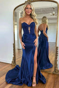 Navy Mermaid Sweetheart Corset Prom Dress With Slit