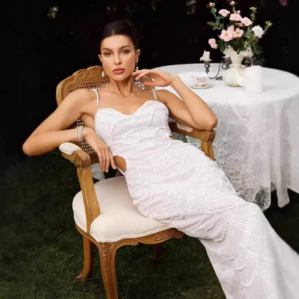 Pearl Embellished Strapless Bandage Prom Dress