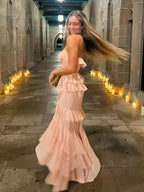 Incantevole abito da sera rosa con balze di chiffon a più strati, spacco, modello sirena, abito da festa Y8006