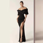 Off-Shoulder Ruched Slit Prom Dress
