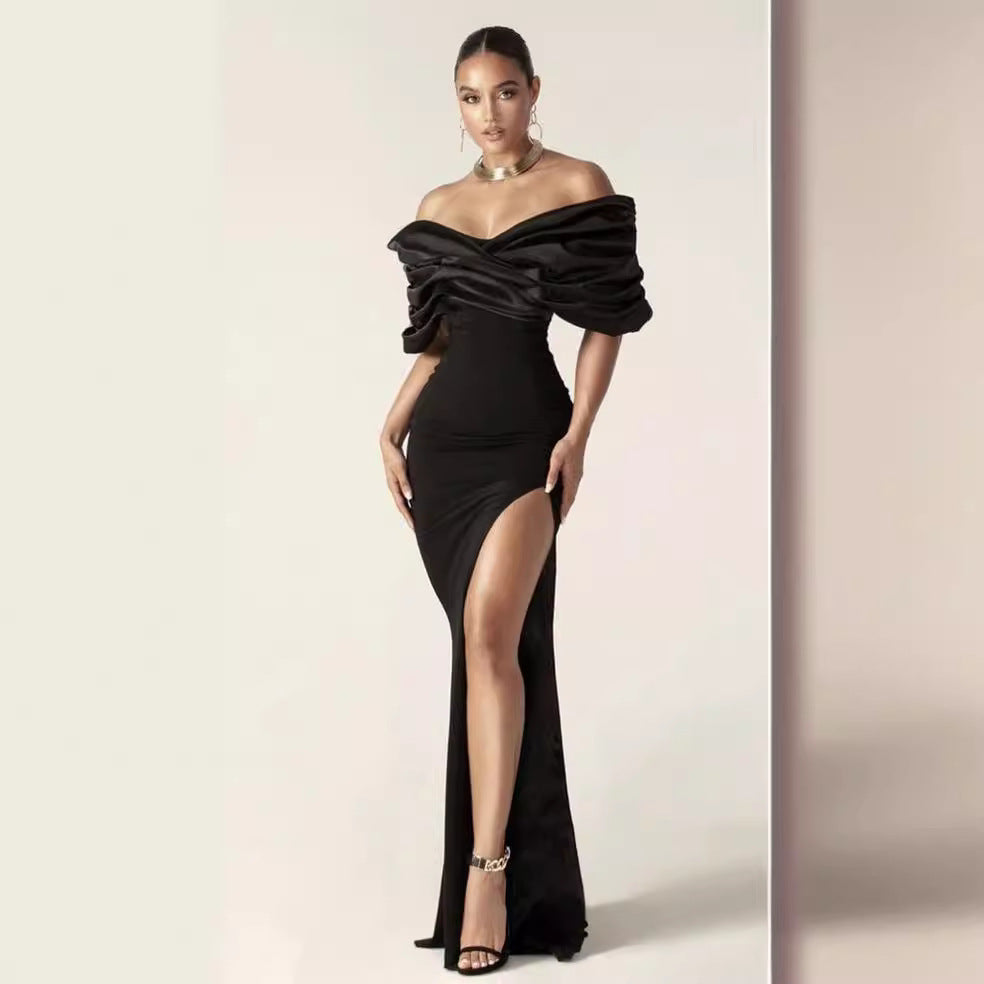 Off-Shoulder Ruched Slit Prom Dress