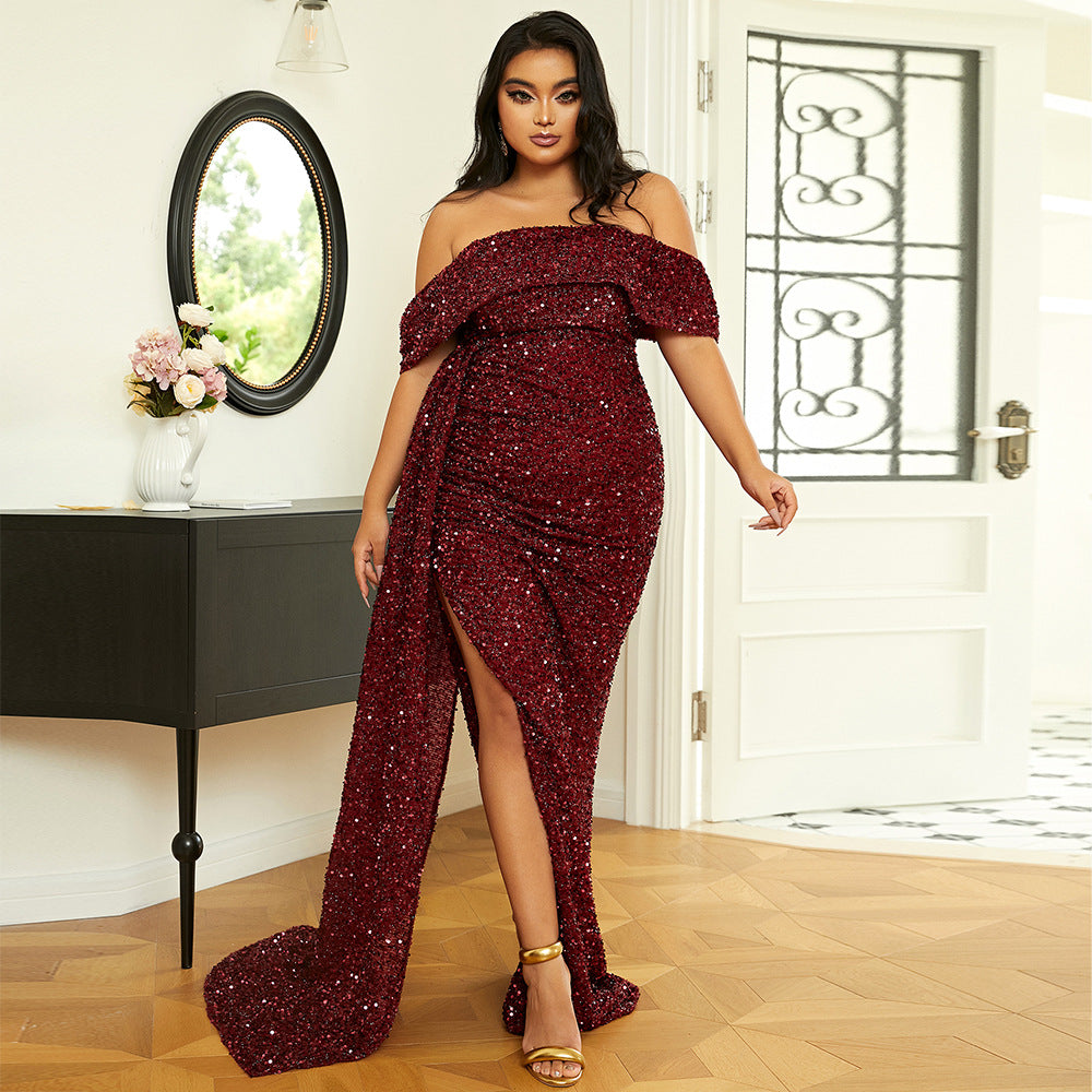 Plus Size Damen Langes Hochzeits-Party-Cocktail-Abendkleid mit hellen Pailletten 