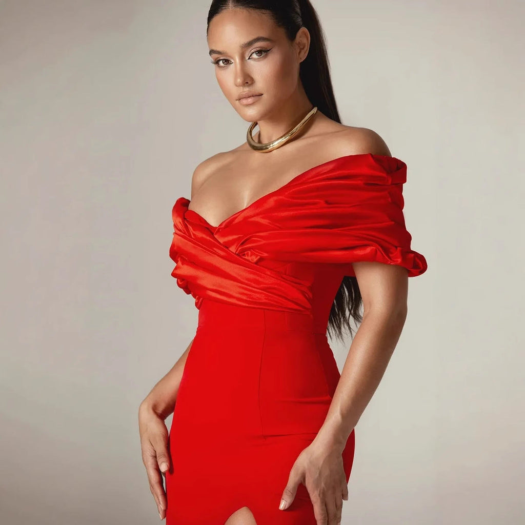 Off Shoulder Ruched Slit Satin Maxi Prom Dress
