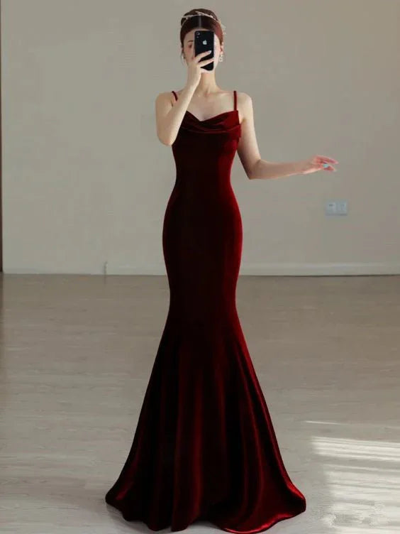 Abito lungo da sera color bordeaux con spalline sottili stile sirena, affascinante abito da sera bordeaux Y384