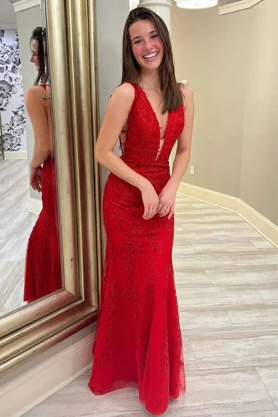 Vestidos longos de baile com aplicação de renda vermelha, decote profundo em V estilo sereia, vestido de noite Y369