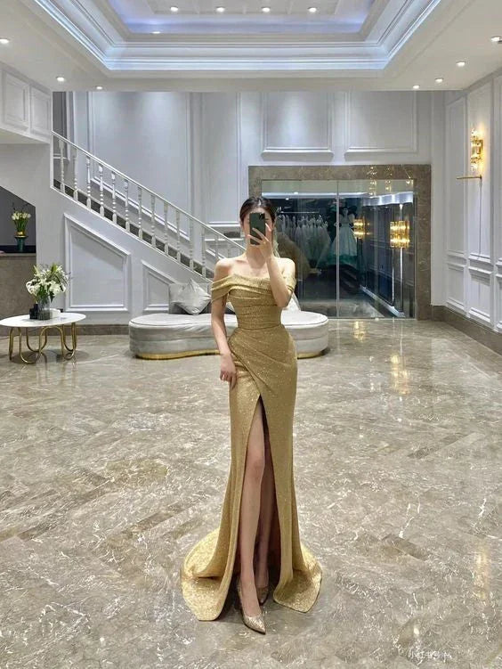 Elegante abito lungo da sera con spalle scoperte, incantevole vestito formale Y387