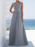 V Neck Floor Length A Line Mother Of The Bride Dress With Princess Silhouette
