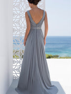 V Neck Floor Length A Line Mother Of The Bride Dress With Princess Silhouette