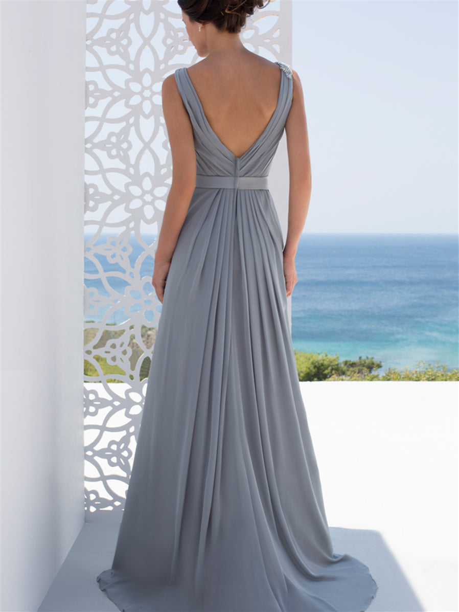 V Neck Floor Length A Line Mother Of The Bride Dress With Princess Silhouette