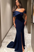 Off the Shoulder Sleeveless Long Mermaid Prom Dress With Pleated Details