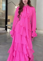 Abito lungo da sera elegante a strati in chiffon con balze per festa e ballo Y7617