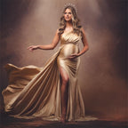 Elegant mermaid satin maternity wear detachable pink puff sleeve one-shoulder maternity evening dress photo