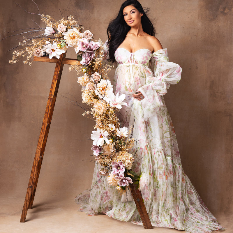 Fairy Blossom Chiffion Maternity Dresses Photoshoot Puff Sleeves Print Floral Maternity Photography Dress Pregnancy Women Gowns