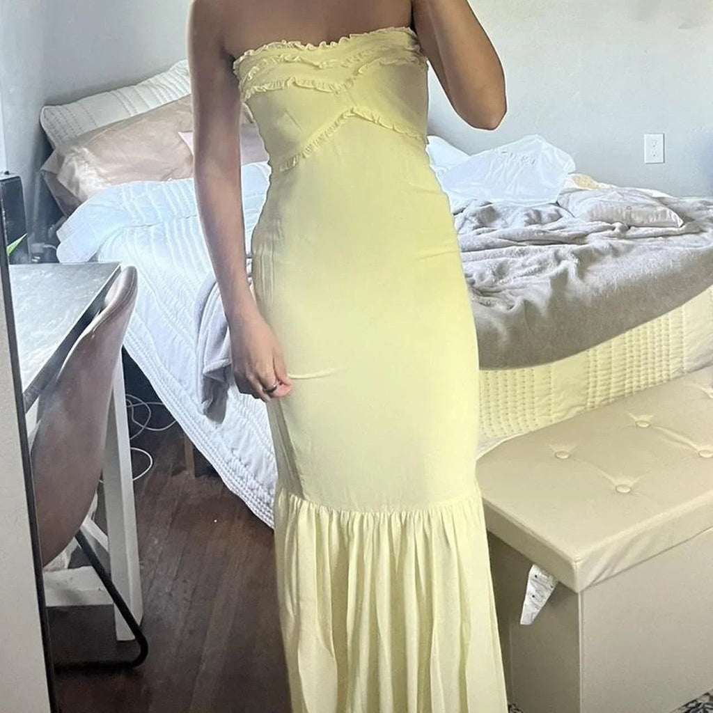 Vestido de noite amarelo fofo sem alças em chiffon com folhos, vestido sereia para baile Y7896