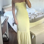 Vestido de noite amarelo fofo sem alças em chiffon com folhos, vestido sereia para baile Y7896