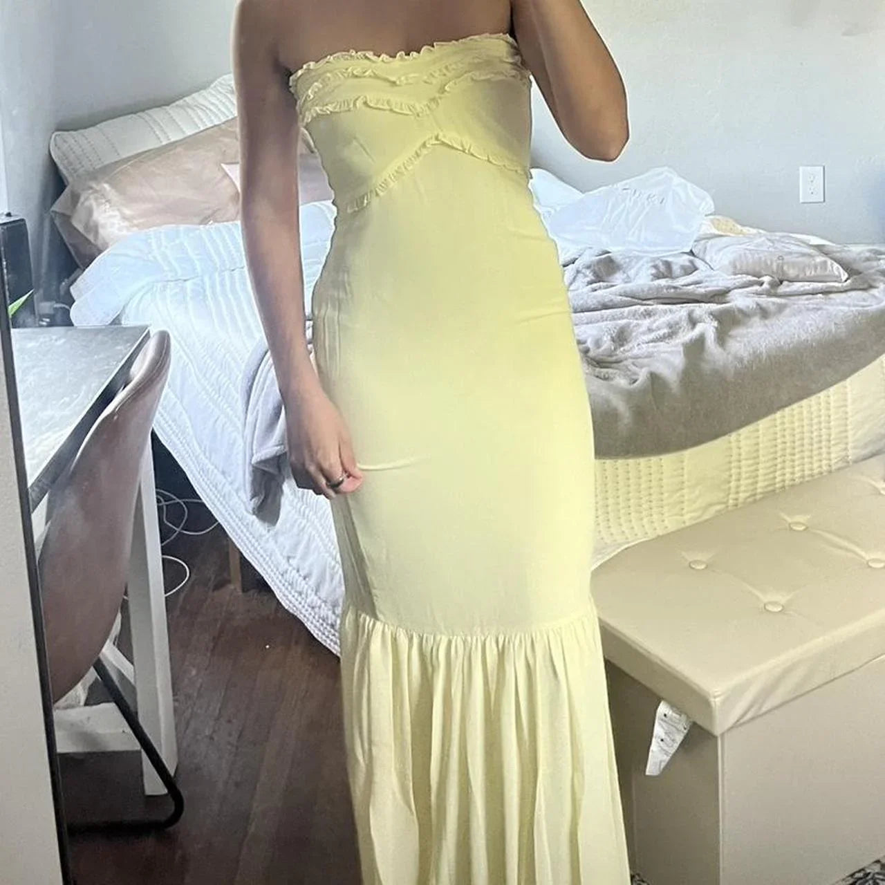 Vestido de noite amarelo fofo sem alças em chiffon com folhos, vestido sereia para baile Y7896