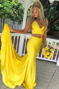 Yellow Long Mermaid Two Piece V-neck Formal Prom Dresses