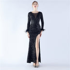 Handmade Sequin Craft Order Ostrich Feather Long Sleeve Evening Dress