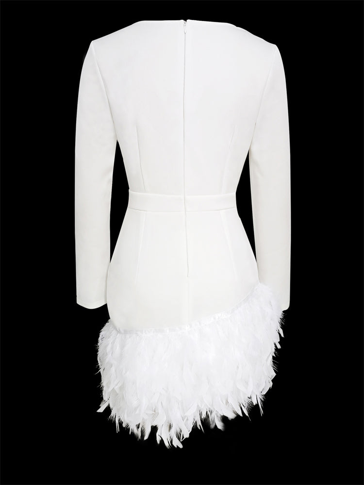 TARUXY Tiefem V-ausschnitt Mini Kleid Für Frauen Federn Patchwork Sexy Bodycon Kleider Damen Schlank Solide Party Prom Kleid Frau 2023 