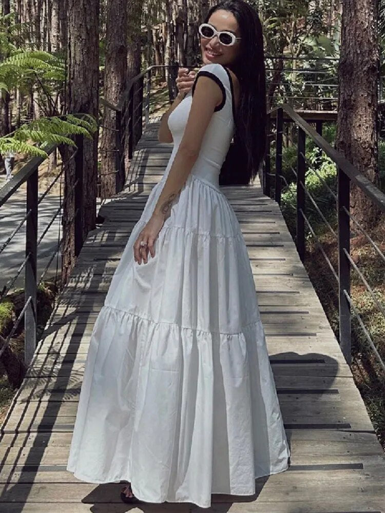 TARUXY Slim Retro Long Dress For Women 2024 Summer Short Sleeve High Waist Dresses Lady Party Elegant Evening Dress Maxi Femme