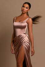 Bmbridal Satin Mermaid Prom Dress With Straps And Front Slit