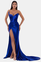 Sexy V-Neck High Slit Pleated Strapless Royal Blue Prom Dress