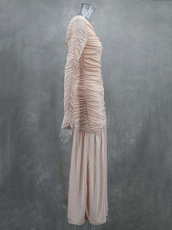 Abiti da Sera Lunghi a Maniche Lunghe Aderenti e Plissettati in Tinta Unita con Scollo Tondo e Spacco Trasparente